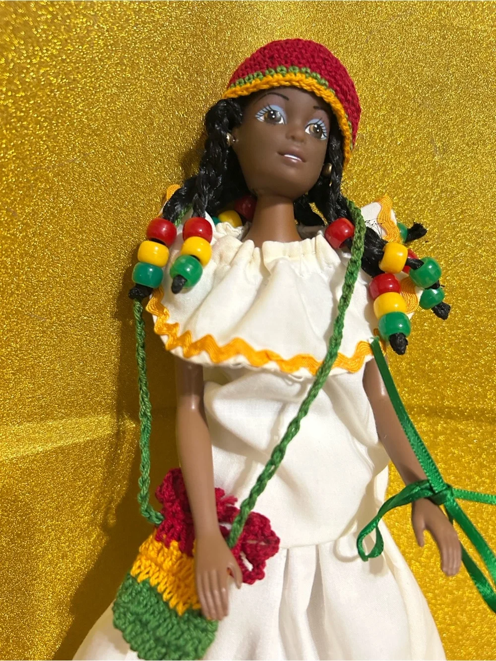 Vintage Handmade Jamaican Cultural Doll in Rastafarian colors. Plus a girls bag